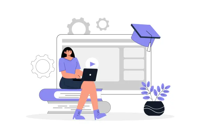 Online Education Concept Girl Learning at Home with Laptop Flat Character Stock Illustration